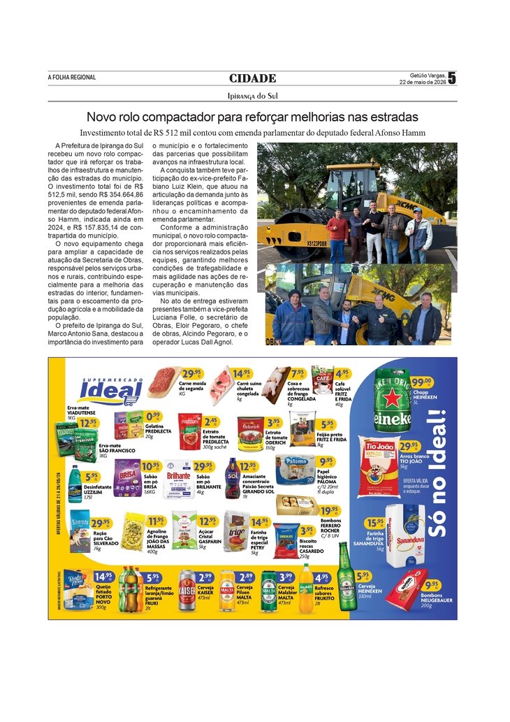 Novo rolo compactador para reforçar melhorias nas estradas de Ipiranga do Sul