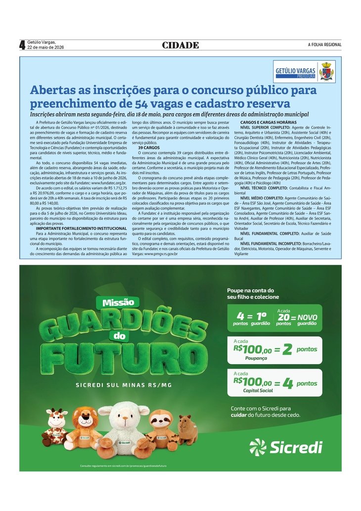 Prefeitura de Getúlio Vargas - Abertas as inscrições para o concurso público para preenchimento de 54 vagas e cadastro reserva