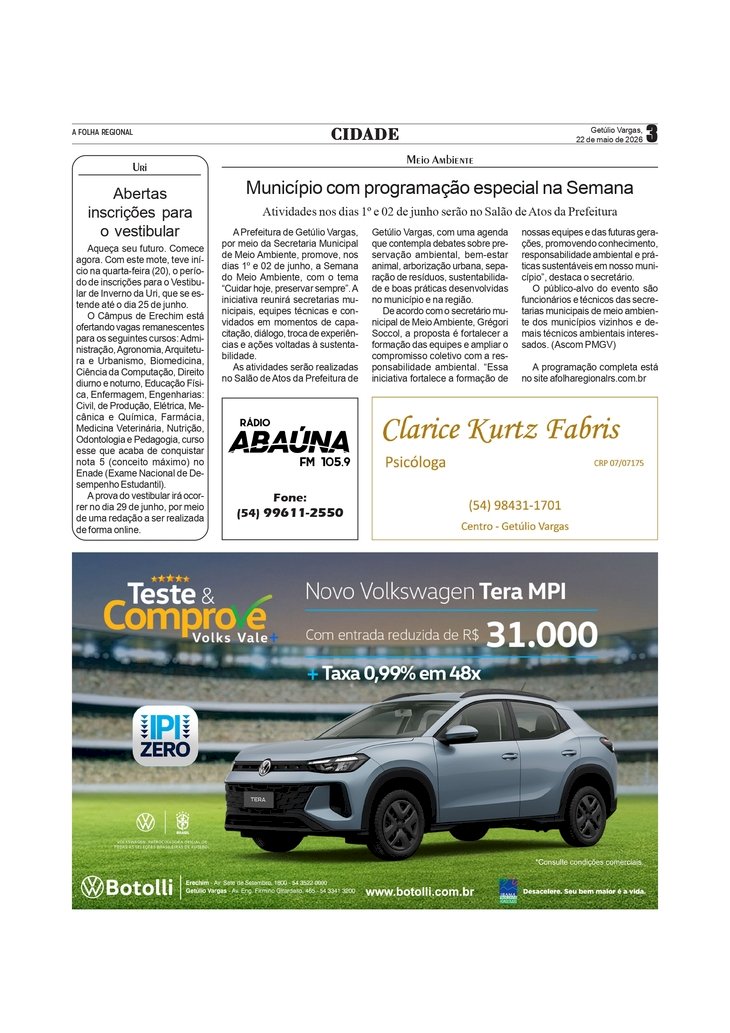 URI Erechim abre as inscrições para o vestibular de inverno / Programação da Semana do Meio Ambiente
