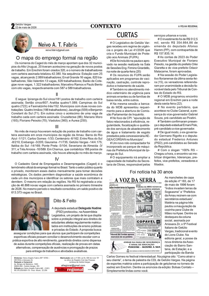 O mapa do emprego formal na região, por Neivo A T Fabris. Edição 22/5/2026