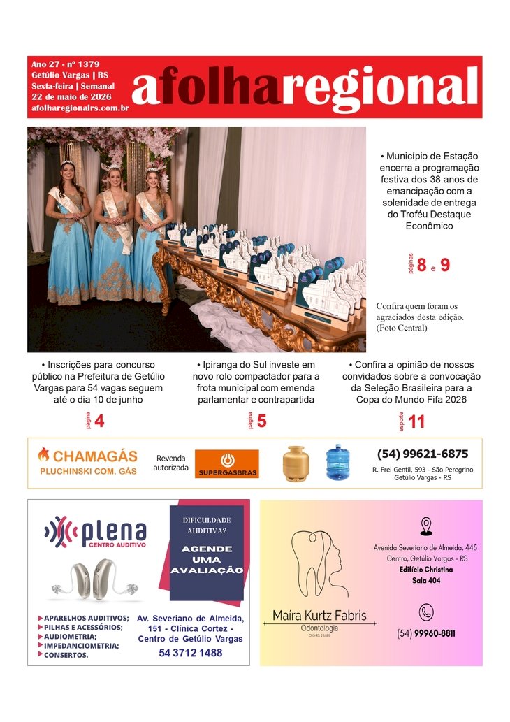 A FOLHA REGIONAL, Ano 27, nº 1.379. Getúlio Vargas RS, 22 de maio de 2026.
