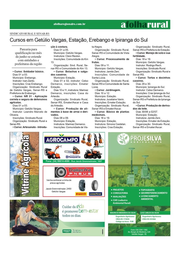 Sindicato Rural e Senar-RS - Cursos em Getúlio Vargas, Estação, Erebango e Ipiranga do Sul