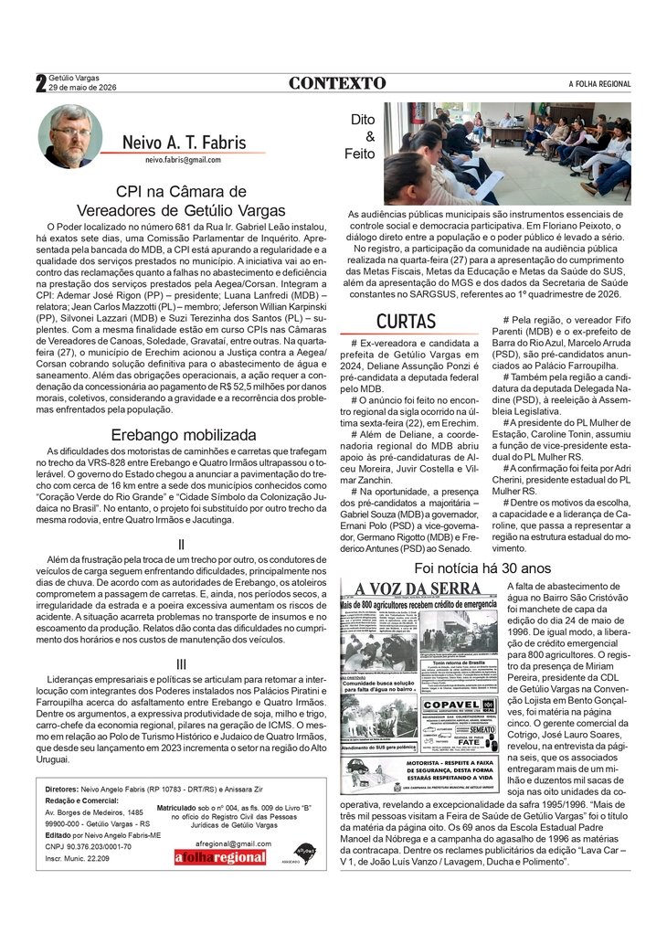 Câmara de Vereadores instala CPI, por Neivo A T Fabris. Edição 29/5/2026.