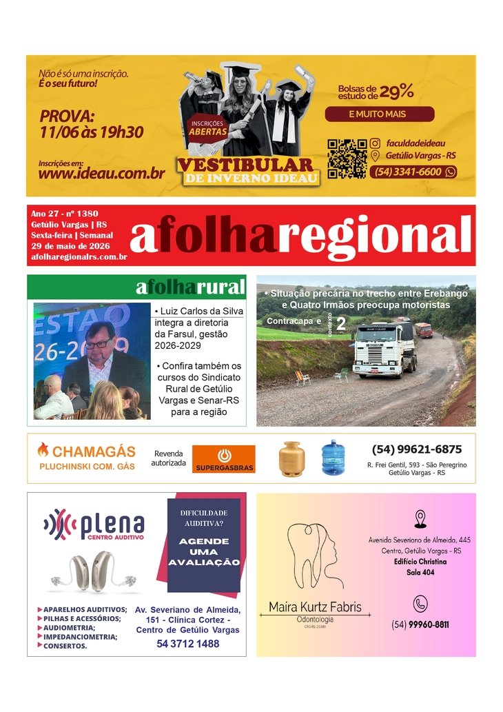 A FOLHA REGIONAL, Ano 27, nº 1.380. Getúlio Vargas RS, 29 de maio de 2026.