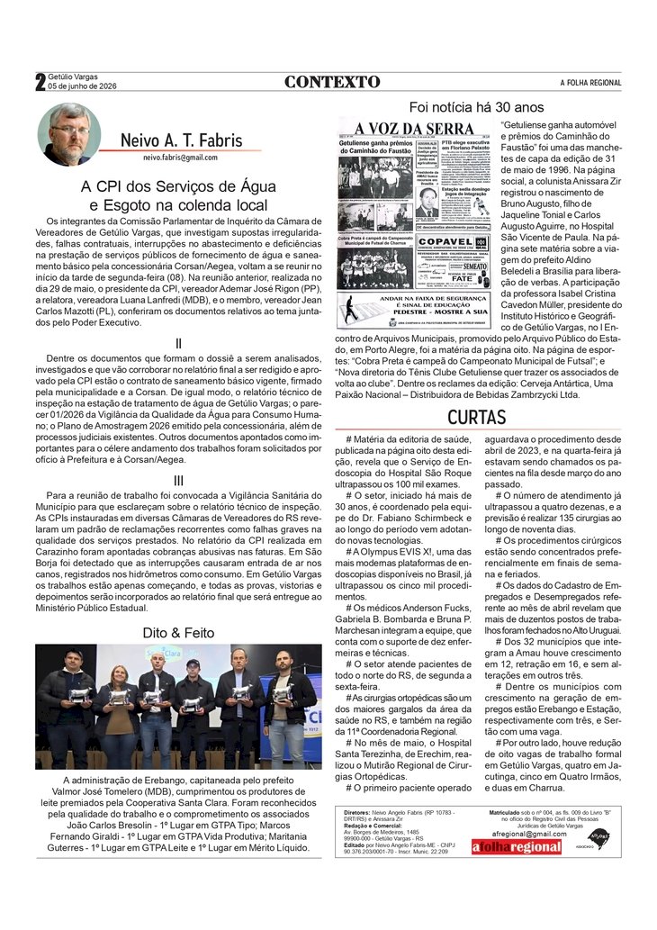 A CPI dos Serviços de Água e Esgoto na colenda local, por Neivo A T Fabris. Edição de 05/6/2026.