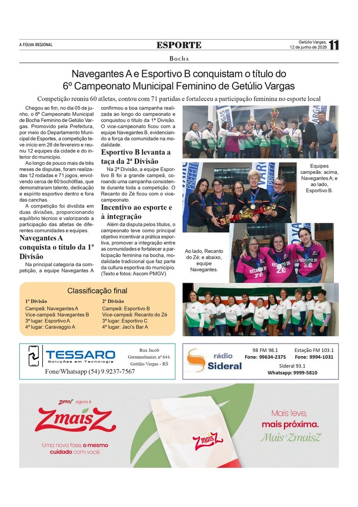 Navegantes A e Esportivo B conquistam o título do 6º Campeonato Municipal Feminino de Getúlio Vargas