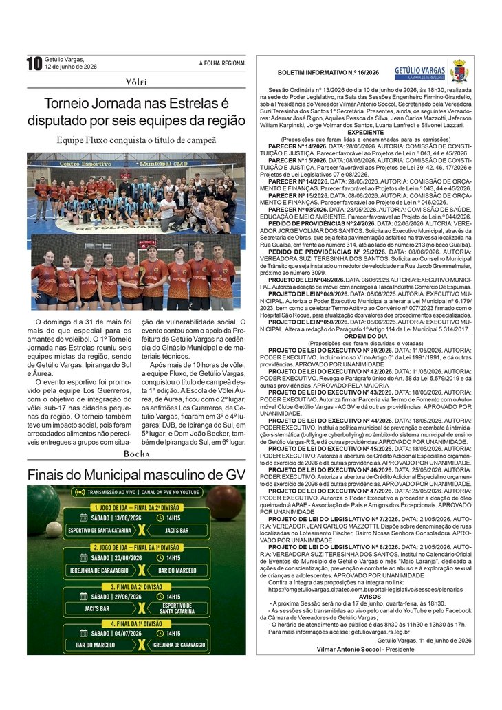 Torneio Jornada nas Estrelas de Voleibol é disputado por seis equipes da região. Boletim da Câmara de Vereadores de Getúlio Vargas.