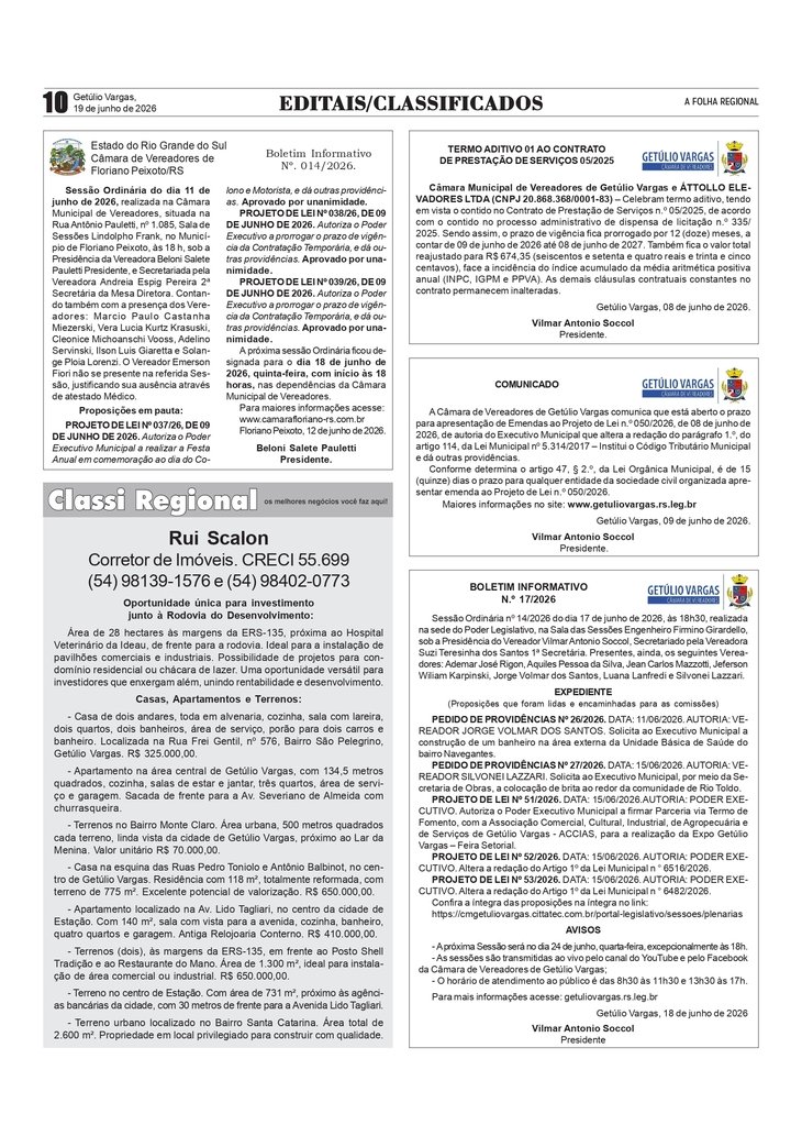 Boletim Informativo nº 17/2026 da Câmara de Vereadores de Getúlio Vargas / Boletim Informativo da Câmara de Vereadores de Floriano Peixoto / Classificados