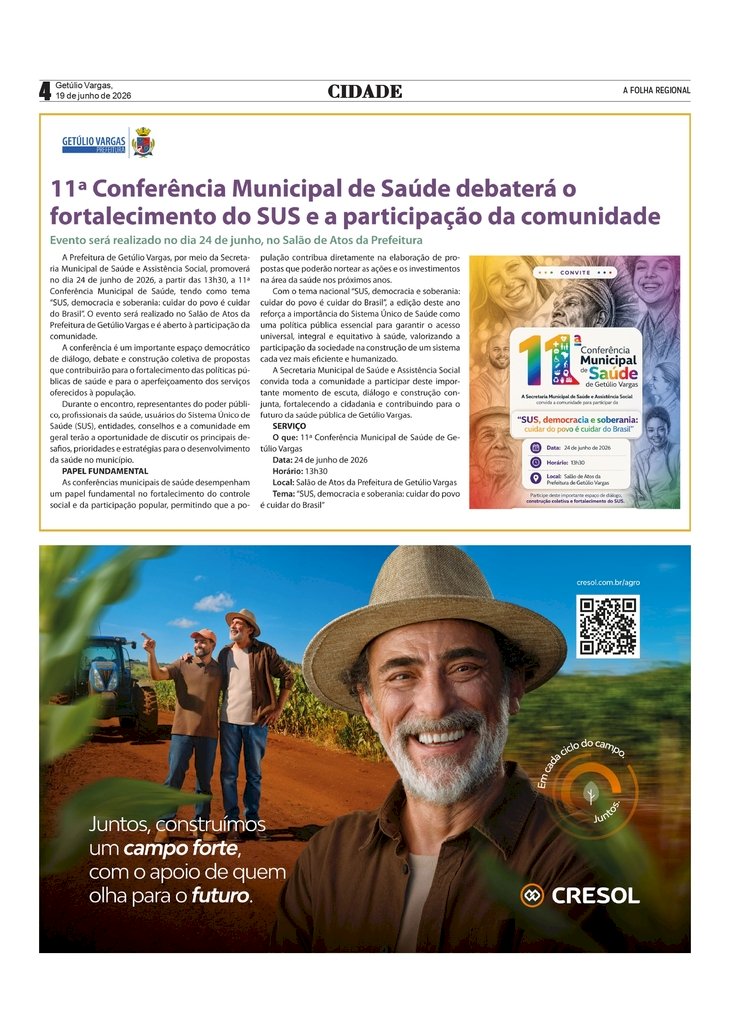 11ª Conferência Municipal de Saúde de Getúlio Vargas debaterá o fortalecimento do SUS e a participação da comunidade
