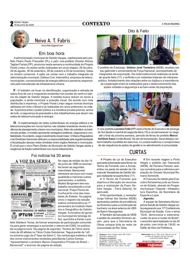 Em boa hora, por Neivo A T Fabris. Edição de 19/6/2026.