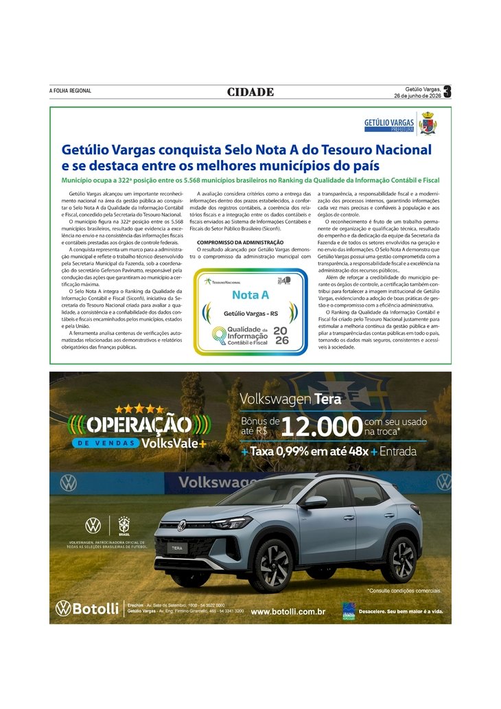 Getúlio Vargas conquista Selo Nota A do Tesouro Nacional e se destaca entre os melhores municípios do país