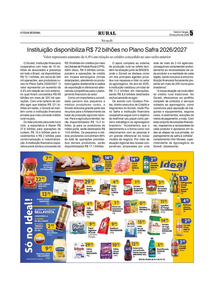 Sicredi disponibiliza R$ 72,1 bilhões no Plano Safra 2026/2027
