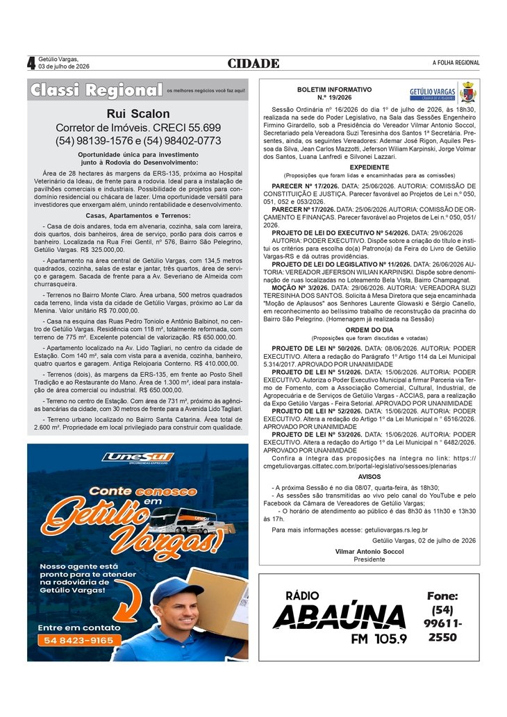 Boletim Informativo nº 19/2026  da CMV de GV /Classificados Regional