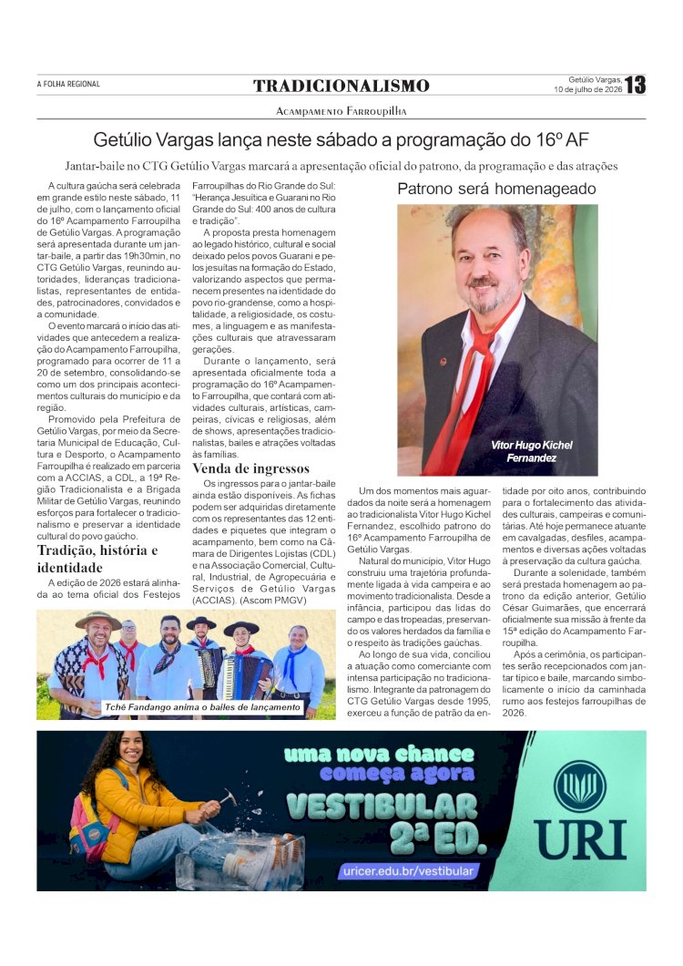 Getúlio Vargas lança neste sábado a programação do 16º Acampamento Farroupilha