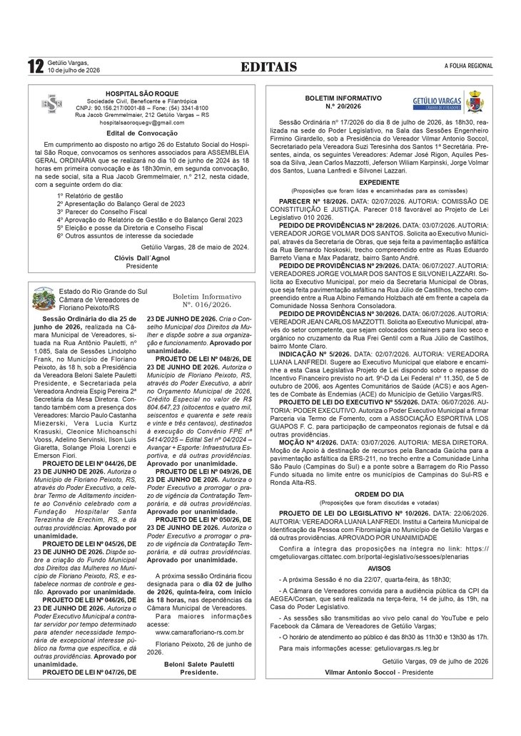 Edital Hospital São Roque / Boletins das Câmaras de Vereadores