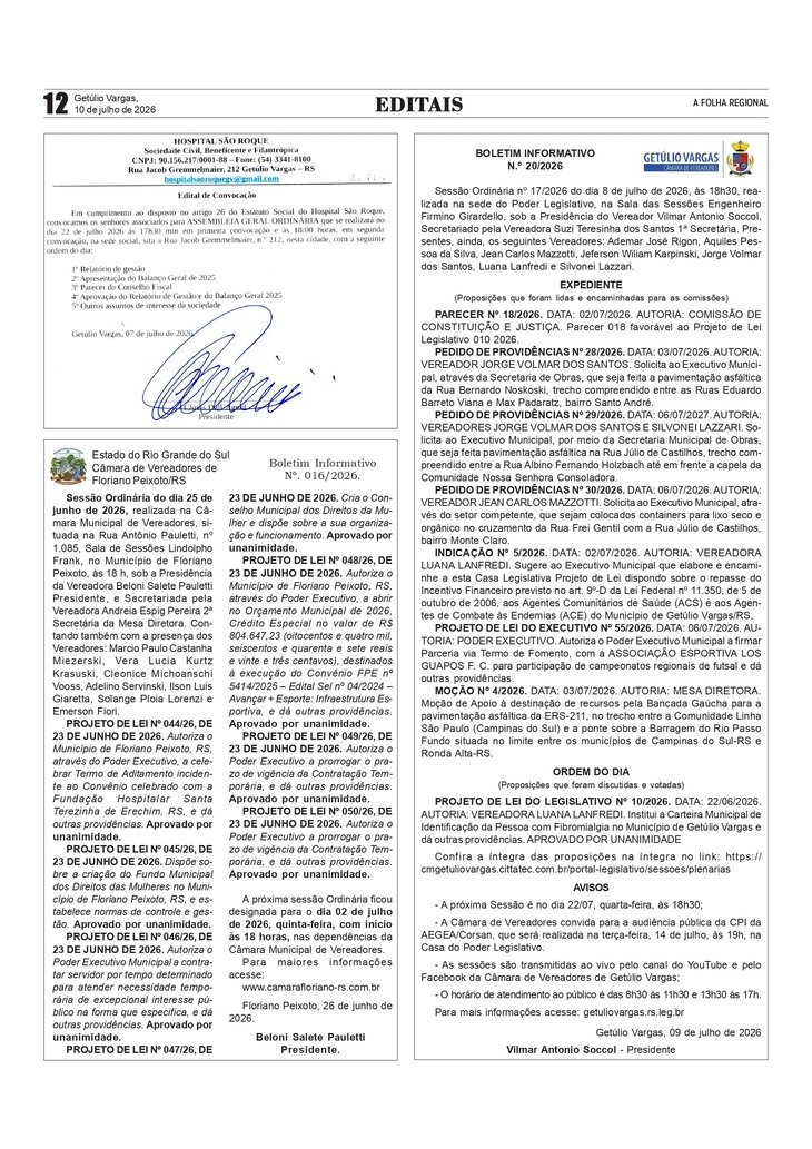 Edital Hospital São Roque / Boletins das Câmaras de Vereadores