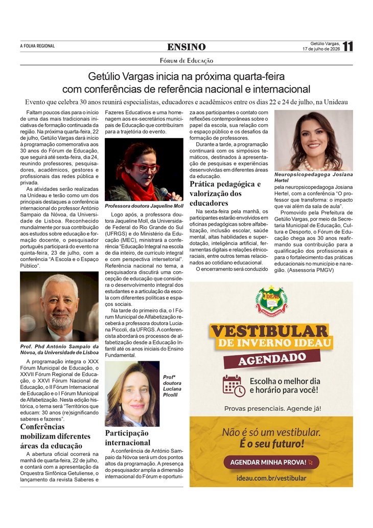 Fórum de Educação - Getúlio Vargas inicia na próxima quarta-feira com conferências de referência nacional e internacional