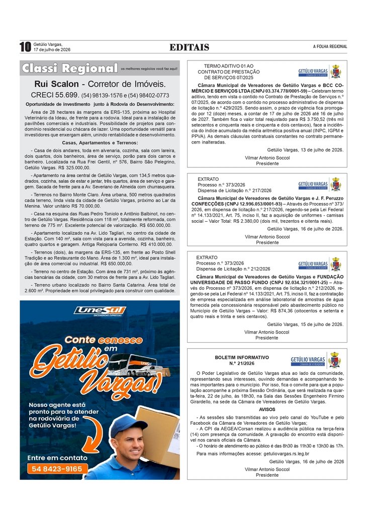Câmara de Vereadores de Getúlio Vargas - Boletim Informativo nº 21/2026 Termo Aditivo e Extratos.. Classificados 