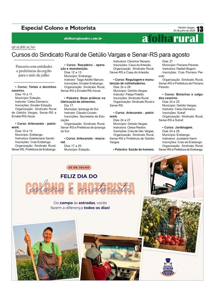Cursos do Sindicato Rural de Getúlio Vargas e Senar-RS para agosto
