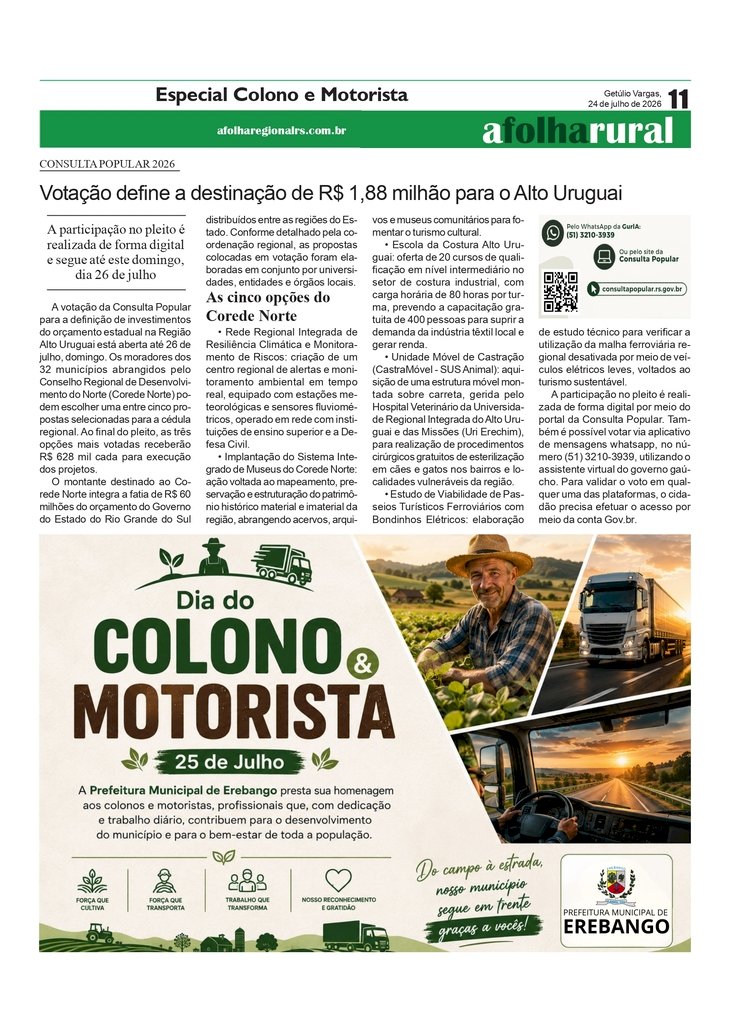 Votação da Consulta Popular define a destinação de R$ 1,88 milhão para o Alto Uruguai
