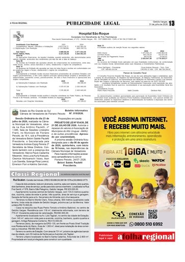 - Balanço do Hospital São Roque, de Getúlio Vargas. - Boletim Informativo da Câmara de Vereadores de Floriano Peixoto nº 19/2026. - Classificados Regional.