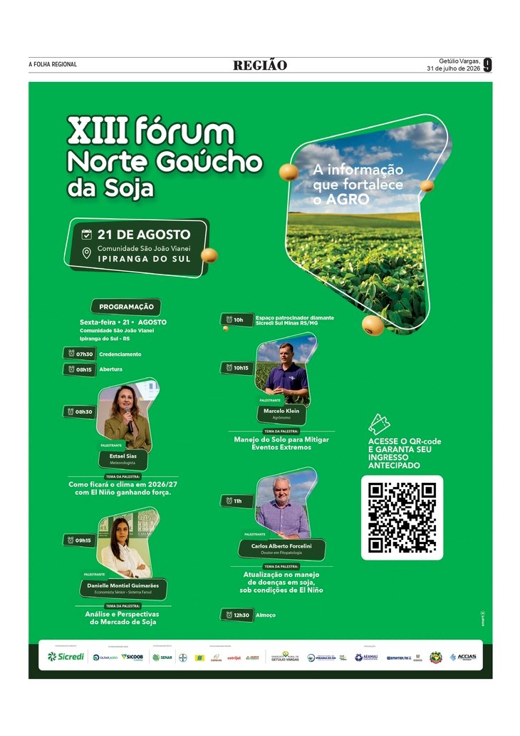 XIII Fórum Norte Gaúcho da Soja, dia 21 de agosto em Ipiranga do Sul. Garanta a sua inscrição pelo QR code.