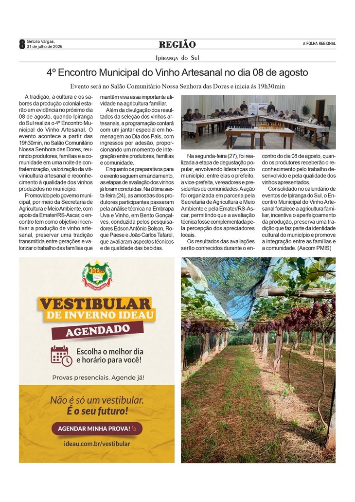4º Encontro Municipal do Vinho Artesanal no dia 8 de agosto em Ipiranga do Sul