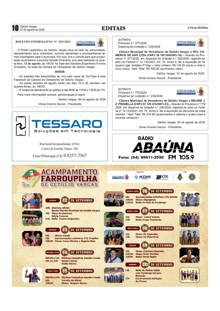 Câmara de Vereadores de Getúlio Vargas - Boletim Informativo nº 23/2026 Câmara de Vereadores de Getúlio Vargas - Extrato Programação do 16º Acampamento Farroupilha de Getúlio Vargas - De 12 a 20 de setembro. Public. Legal.