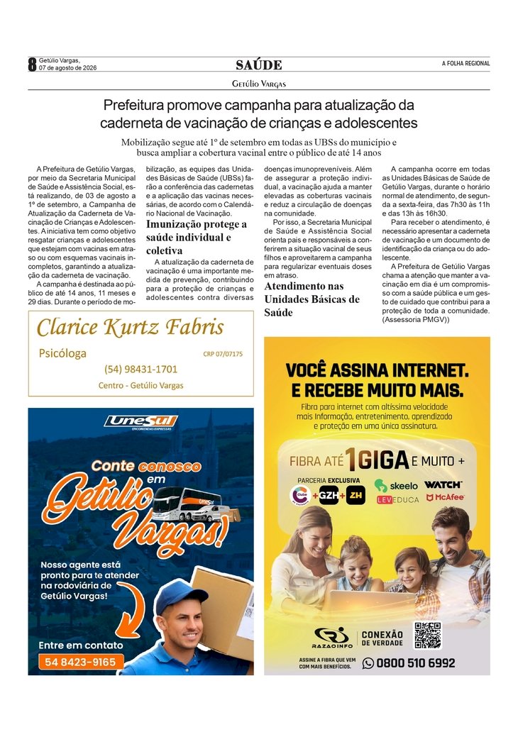 Prefeitura de Getúlio Vargas promove campanha para atualização da caderneta de vacinação de crianças e adolescentes