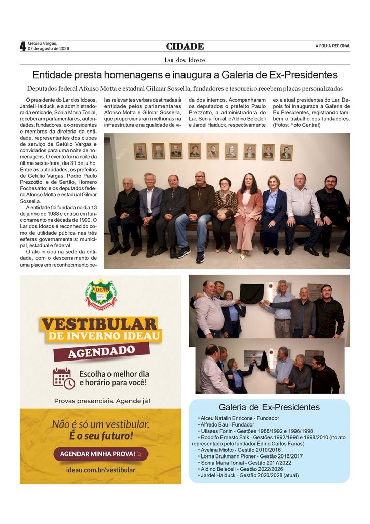 Lar dos Idosos presta homenagens e inaugura a Galeria de Ex-Presidentes