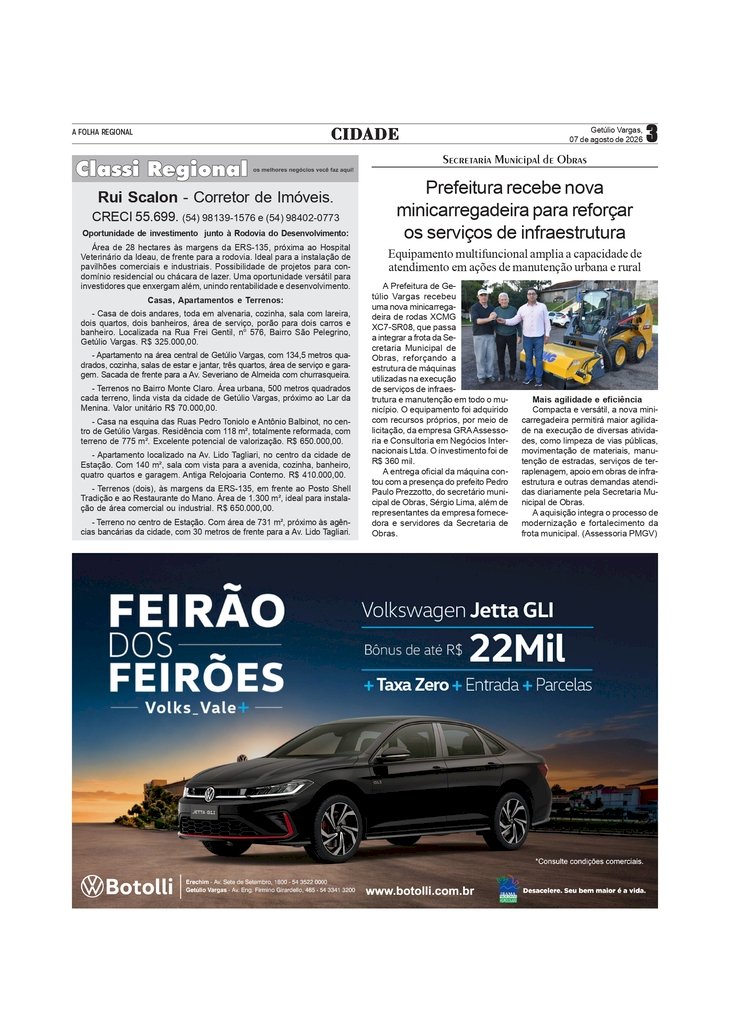 Prefeitura de Getúlio Vargas recebe nova minicarregadeira para reforçar os serviços de infraestrutura