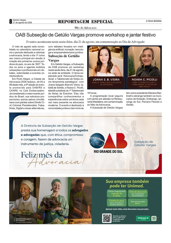  Reportagem Especial  -  OAB Subseção de Getúlio Vargas promove workshop e jantar festivo