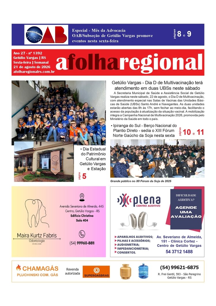 A FOLHA REGIONAL, Ano 27, nº 1.391. Getúlio Vargas RS, 21 de agosto de 2026.