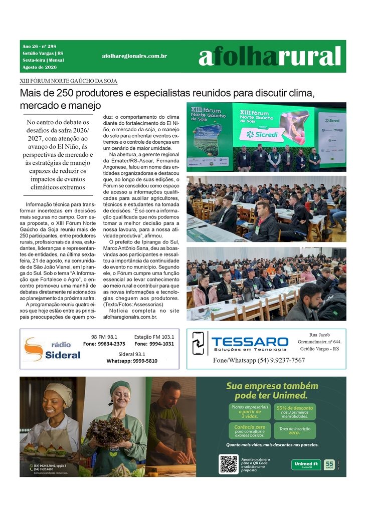 Mais de 250 produtores e especialistas reunidos para discutir clima, mercado e manejo no XIII Fórum Norte Gaúcho da Soja