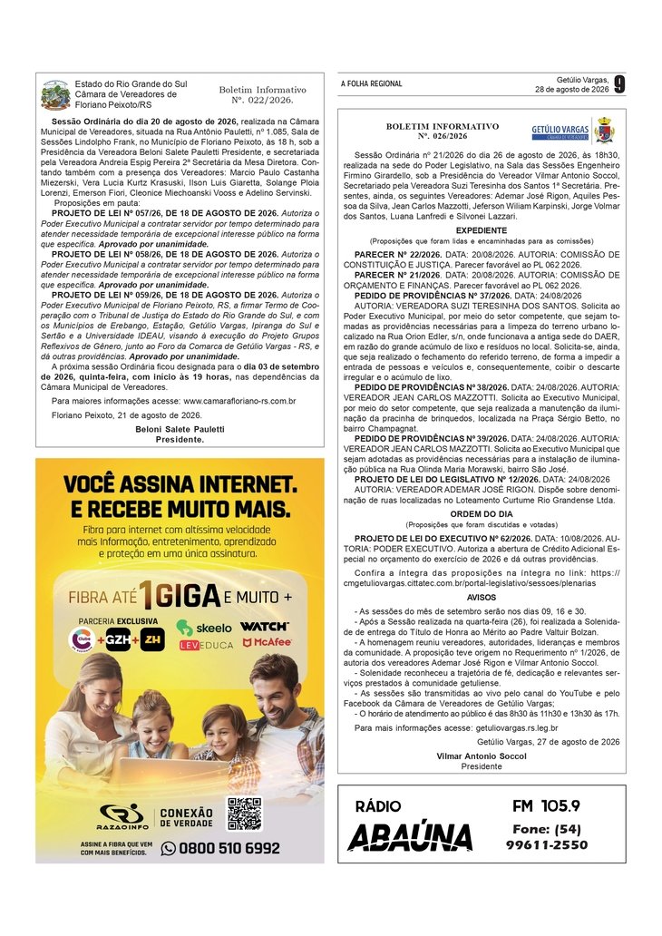 Boletins Informativos das Câmaras de Vereadores de Getúlio Vargas e Floriano Peixoto