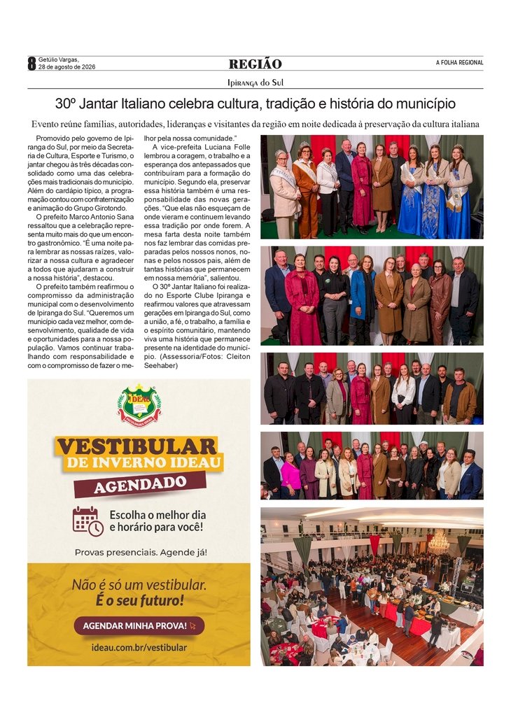 30º Jantar Italiano celebra a cultura, a tradição e a história do município de Ipiranga do Sul