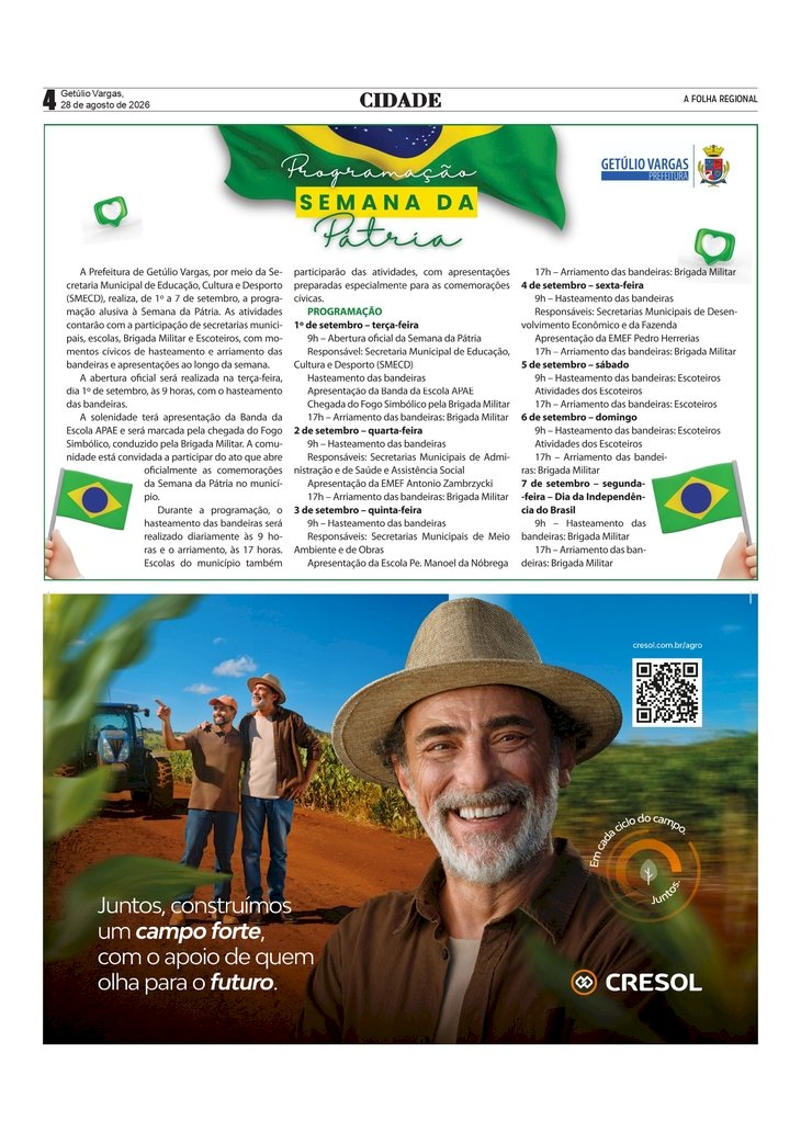 Semana da Pátria terá programação de 1º a 7 de setembro em Getúlio Vargas