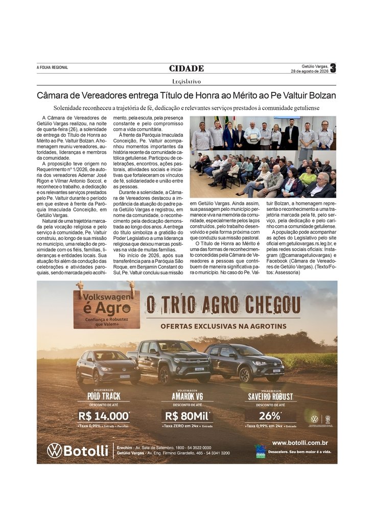 Câmara de Vereadores entrega Título de Honra ao Mérito ao Padre Valtuir Bolzan