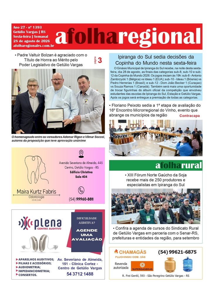 A FOLHA REGIONAL, Ano 27, nº  1.392. Getúlio Vargas RS, 28 de agosto de 2026