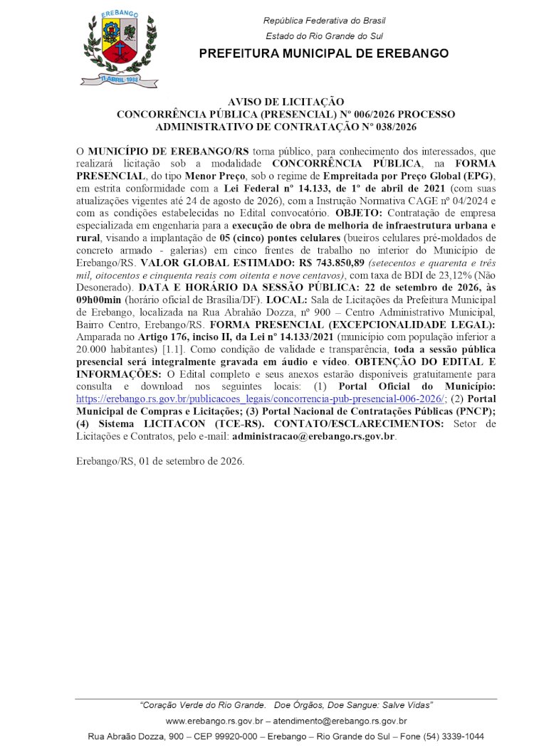 Prefeitura Municipal de Eebango - Aviso de Licitação - Concorrência Pública (presencial)   Nº 006/2026 - Processo Administrativo de Contratação Nº 038/2026