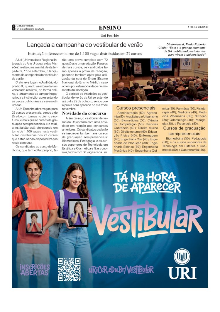 Lançada a campanha do vestibular de verão da Uri Erechim