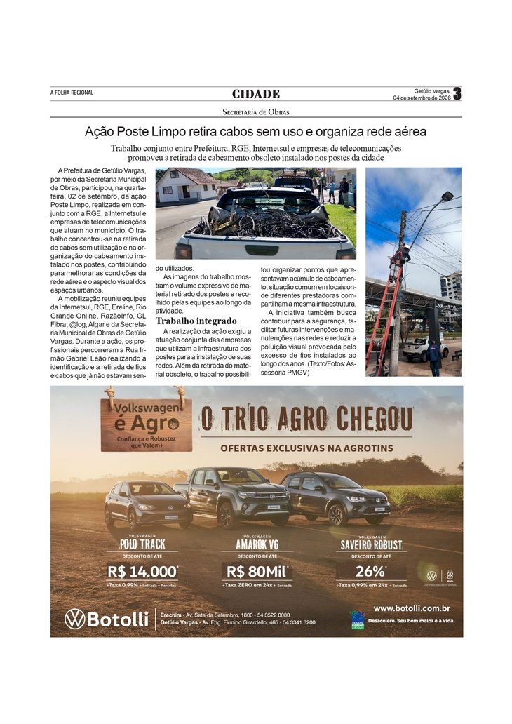 Ação Poste Limpo retira cabos sem uso e organiza rede aérea em Getúlio Vargas
