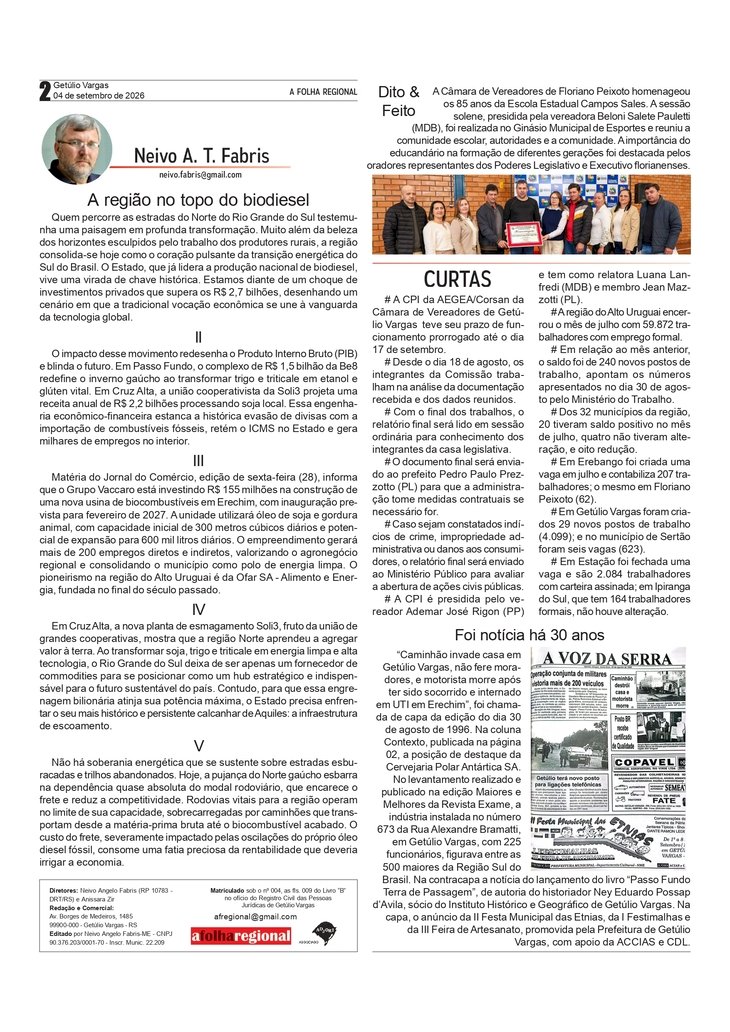A região no topo, por Neivo A T Fabris. Edição 04/9/2026