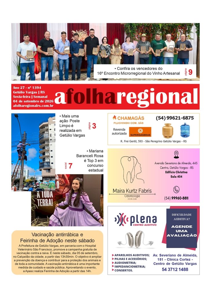 A FOLHA REGIONAL, Ano 27, nº 1.393. Getúlio Vargas RS, 04 de setembro de 2026.