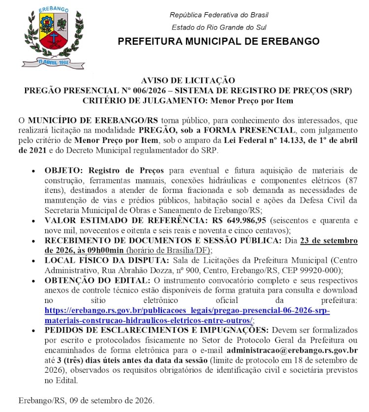 Prefeitura Municipal de Erebango.  Aviso de Licitação - Pregão Presencial nº  06/2026