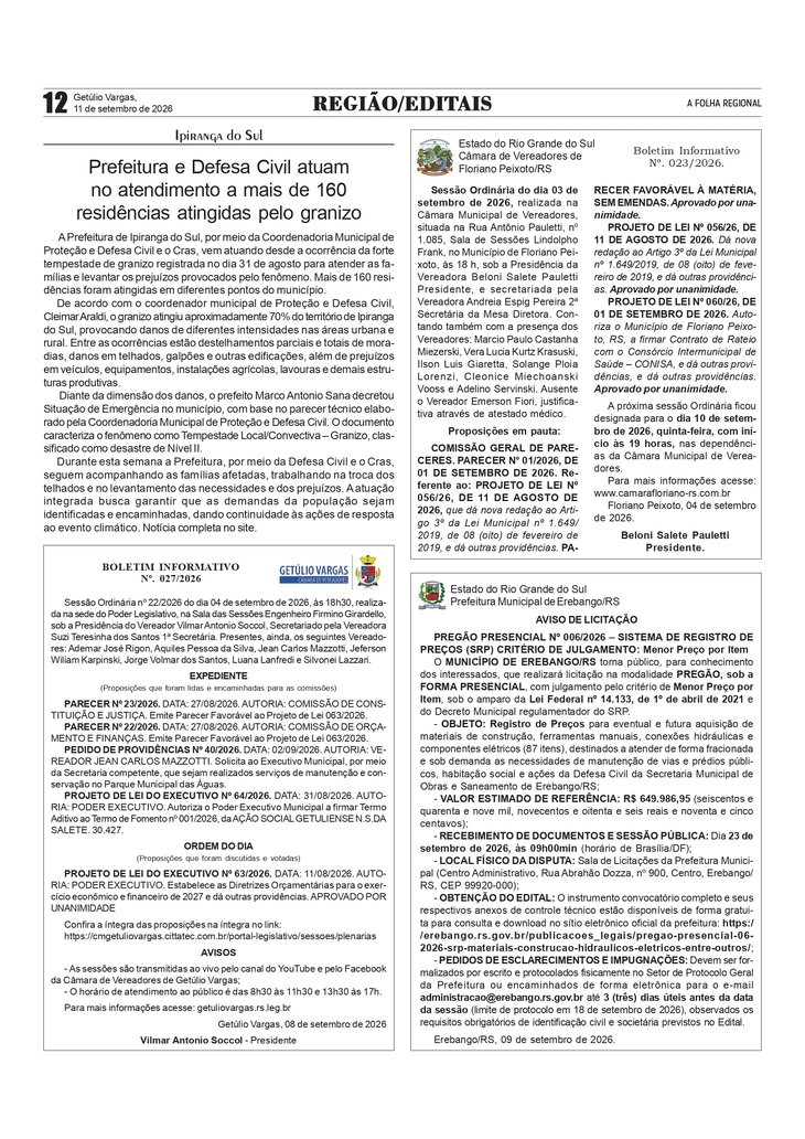 Prefeitura e Defesa Civil de Ipiranga do Sul atuam no atendimento a mais de 160 residências atingidas pelo granizo