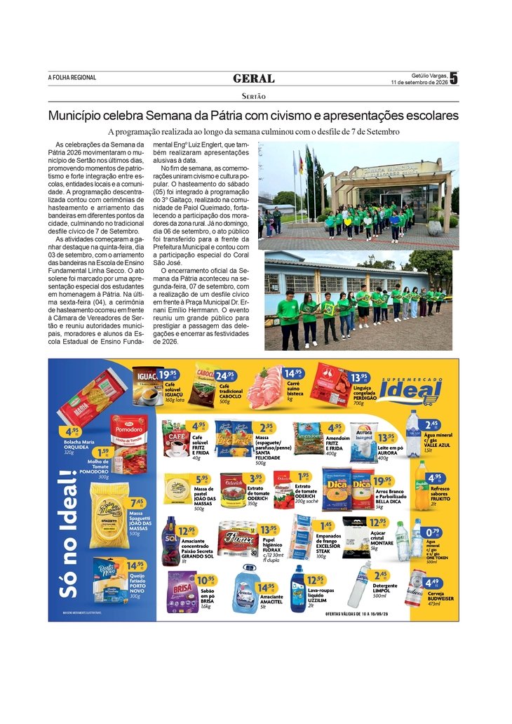 Município de Sertão celebra Semana da Pátria 2026 com civismo, apresentações escolares