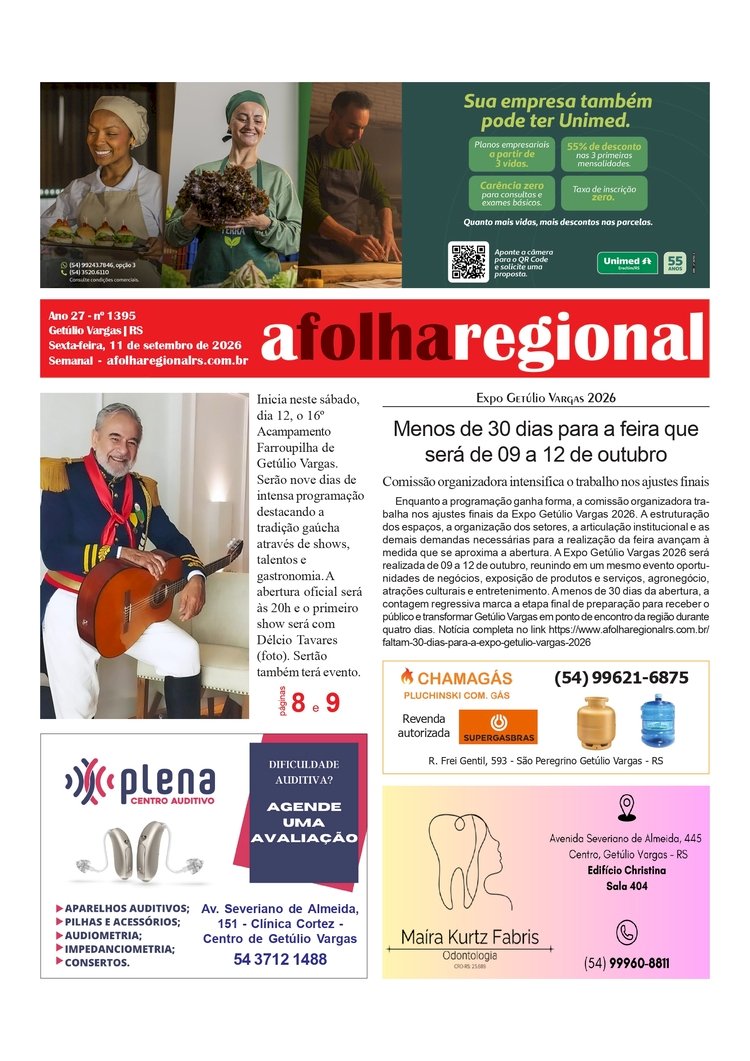 A FOLHA REGIONAL. Ano 27, nº 1.394. Getúlio Vargas RS, 11 de setembro de 2026.