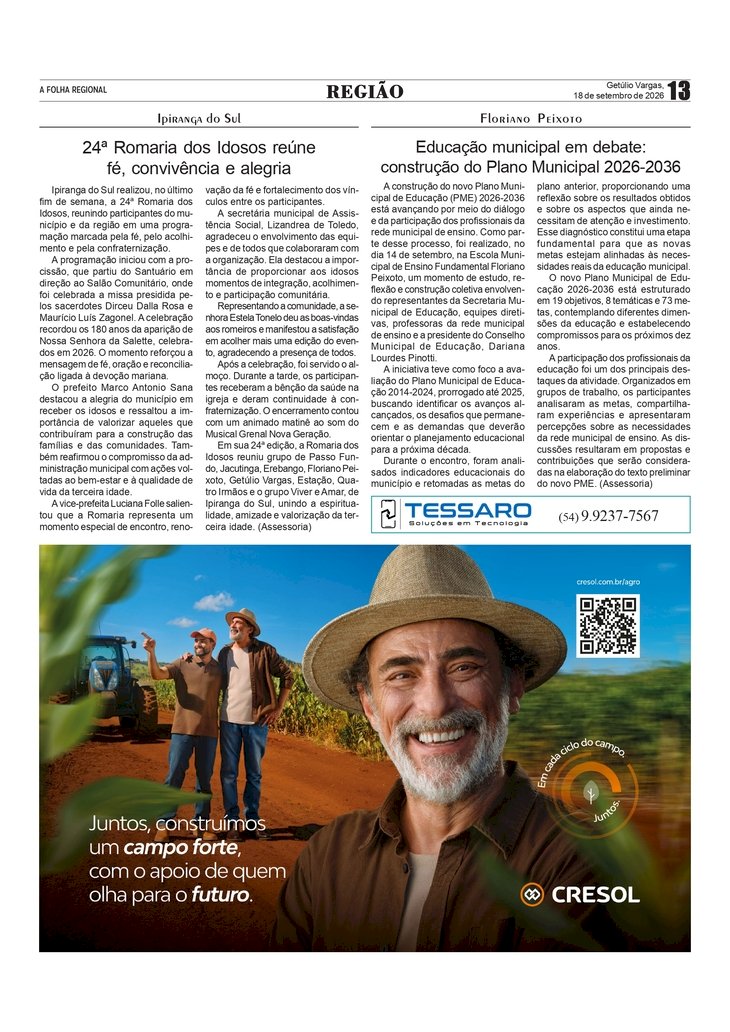 24ª Romaria dos Idosos reúne fé, convivência e alegria em Ipiranga do Sul /  Educação municipal de Floriano Peixoto em debate: construção do Plano Municipal 2026-2036