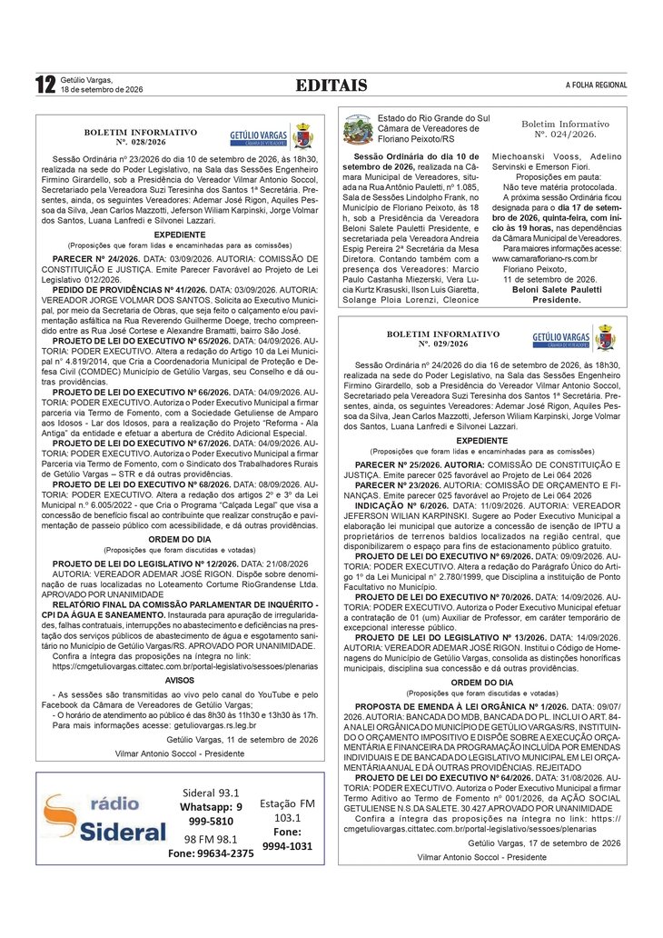 Boletim Informativo - Câmara de Vereadores de Getúlio Vargas / Câmara de Vereadores de Floriano Pexoto